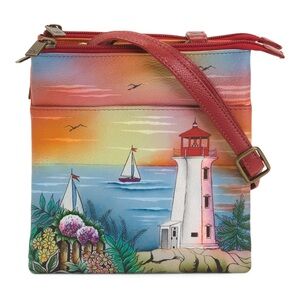 NWT ANUSCHKA Leather Hand Painted Triple Compartment Crossbody Lighthouse Purse